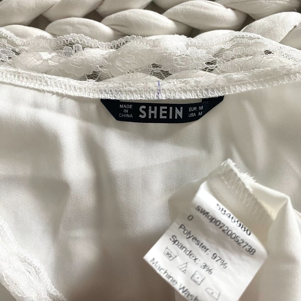 Shein | Women's White Satin Tie-Up Blouse Cropped Lace Shirt - Picture 5 of 6